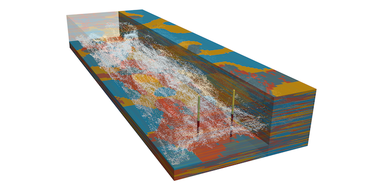 Snapshot of a particle tracking simulation for a NPS contamination of a heterogeneous aquifer