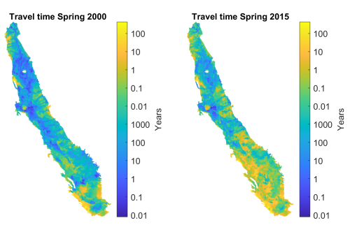 Travel time from the land surface to the water table in the Central Valley, California