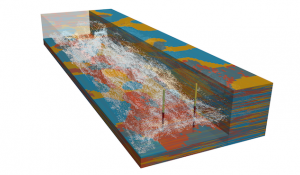 Snapshot of a particle tracking simulation for a NPS contamination of a heterogeneous aquifer