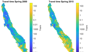 Travel time from the land surface to the water table in the Central Valley, California